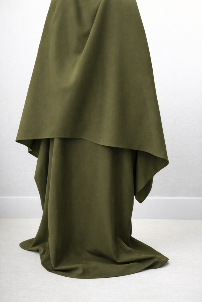 Ensemble sur-mesure pour femme musulmane : cape sans manche et abaya, couleur unie kaki.